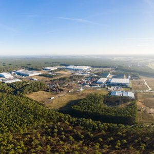 wideangle aerial drone photo with panorama of the forest of Grunheide, Berlin-Brandenburg