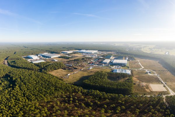 wideangle aerial drone photo with panorama of the forest of Grunheide, Berlin-Brandenburg